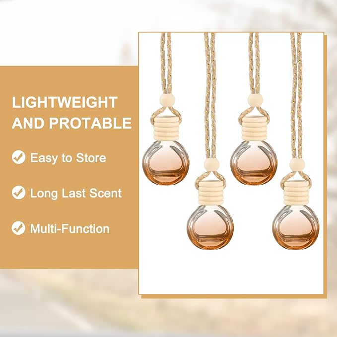 uxcell 8pcs Hanging Car Air Freshener Perfume Bottle, 10ml Pendant Empty Clear/Brown Glass Essential Oil Aromatherapy Diffuser with Wooden Cap for Car Decor (Clear/Brown, Round)