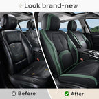 Coverado Automotive Seat Covers Front Seats, Leather Seat Covers 2 Pack, Black Green Car Seat Cover, Waterproof Car Seat Protector with Lumbar Support, Front Seat Covers Universal Fit for Most Cars