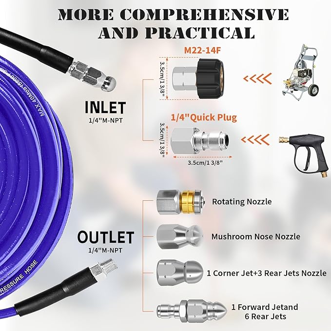 Sewer Jetter Kit for Pressure Washer, 100FT Drain Cleaner Hose 5800PSI with 1/4 Inch NPT Corner, Rotating Nozzle and 4 Different Button Nose Sewer Jet Nozzles, Waterproof Tape and 2 Spanners （Purple）