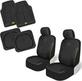 CAT PU Leather Seat Covers for Cars – (2) Front Seat Covers with (4) All-Weather Heavy-Duty Floor Mats for Trucks, Cars, & SUVs Combo Set – Car Interior Protection Liners for Car Seats and Floors