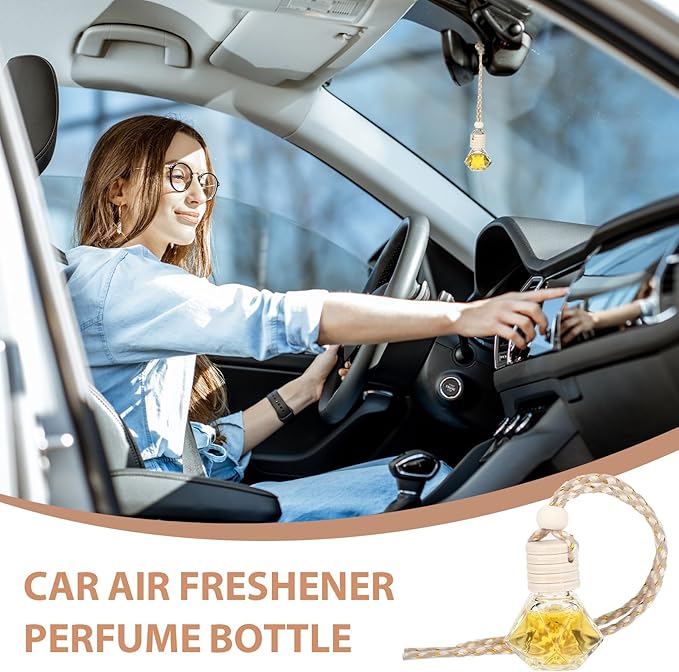 Dandat 80 Pcs 8 ml Hanging Car Freshener Diffuser Pendant Bottle Empty Transparent Glass Aromatherapy Essential Oil Air Diffuser for Perfume Gift with Wooden Caps Lanyard, 8 Assorted Style