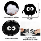 Car Headrest Pillow & Steering Wheel Cover Set with Cute Big-Eyed Furball Travel Neck Support Pillow Fur Car Interior Accessory (Black 3Pcs Set)