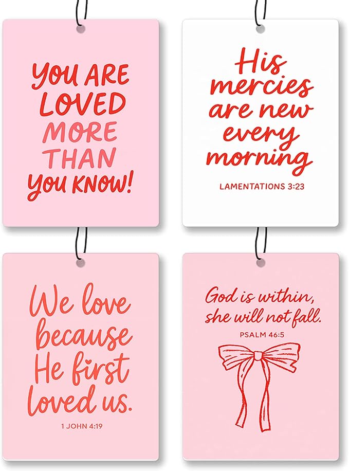 Coquette Pink Cute Christian Car Air Freshener 4 Pcs - Girly Pink Bow Religious Hanging Air Freshener 4 Pcs for Cars Closet Drawer Books, Cute Christian Accessories Mirror Gifts for Women Girls