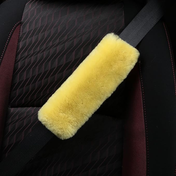 Soft & Cozy Australian Sheepskin Car Seat Belt Covers,2 Pack Fluffy Seatbelt Pads, Genunie Sheepskin Fur Shoulder Straps Cushions for Adults Kids Women and Men (Tartrazine)
