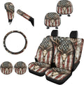 FKELYI American Flag Car Seat Cover Set, Skull Deer Gear Shift Knob, Handbrake, Steering Wheel, Cup Holder Coasters, Headrest