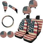 FKELYI Red American Flag Car Seat Covers Full Set, Steering Wheel Protector, Headrest Cover, Gear Shifter Knob and Handbrake Cover
