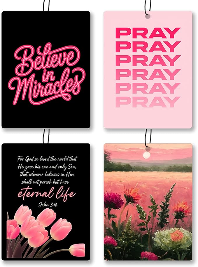 Trendy Black Pink Floral Christian Car Air Freshener 4 Pcs - Flowers Bible Verse Religious Hanging Air Freshener 4 Pcs for Cars Closet Drawer Books, Christian Accessories Mirror Gifts for Women Girls