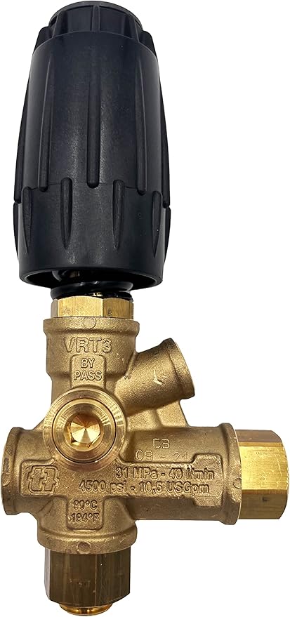 Annovi Reverberi VRT3R-310 Unloader, Black Spring, 4500 PSI, 10.5 GPM, Adjustment Knob, Pressure Gauge Inlet, Brass