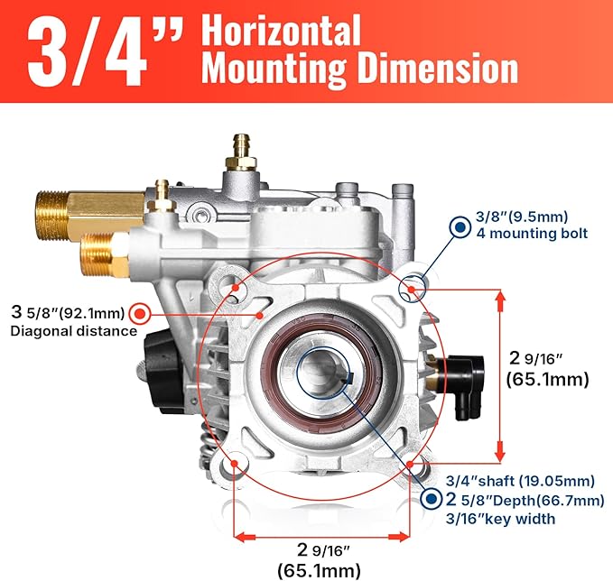 YAMATIC 3/4" Shaft Horizontal Pressure Washer Pump 3000 PSI @ 2.5 GPM Replacement Pump for Power Washer Compatible with Homelite, Troybilt, Simpson, Honda gc160 AR rmv 2.5g30 and More