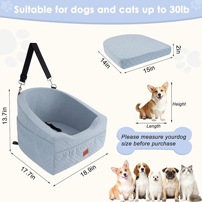 Vivifying Dog Car Seat for Small & Medium Dogs, Detachable & Washable Booster Seat for Pets Up to 30lbs, Travel Bed with Storage Pockets and Safety Belt – Gray