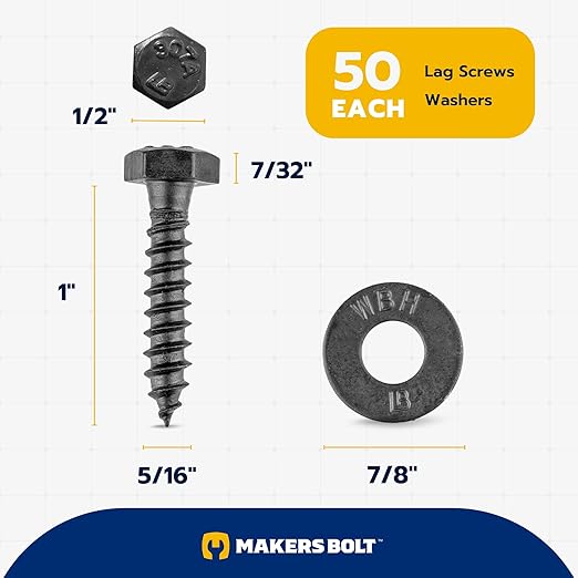 5/16 x 1 (50 Pack) Lag Screw Kit, 50 Screws and 50 Washers, Ceramic Black Ruspert Coating for Exterior Use, Meets ASTM A307 and ASME B18.2.1, Industrial/Commerical Grade by Makers Bolt