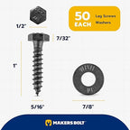 5/16 x 1 (50 Pack) Lag Screw Kit, 50 Screws and 50 Washers, Ceramic Black Ruspert Coating for Exterior Use, Meets ASTM A307 and ASME B18.2.1, Industrial/Commerical Grade by Makers Bolt