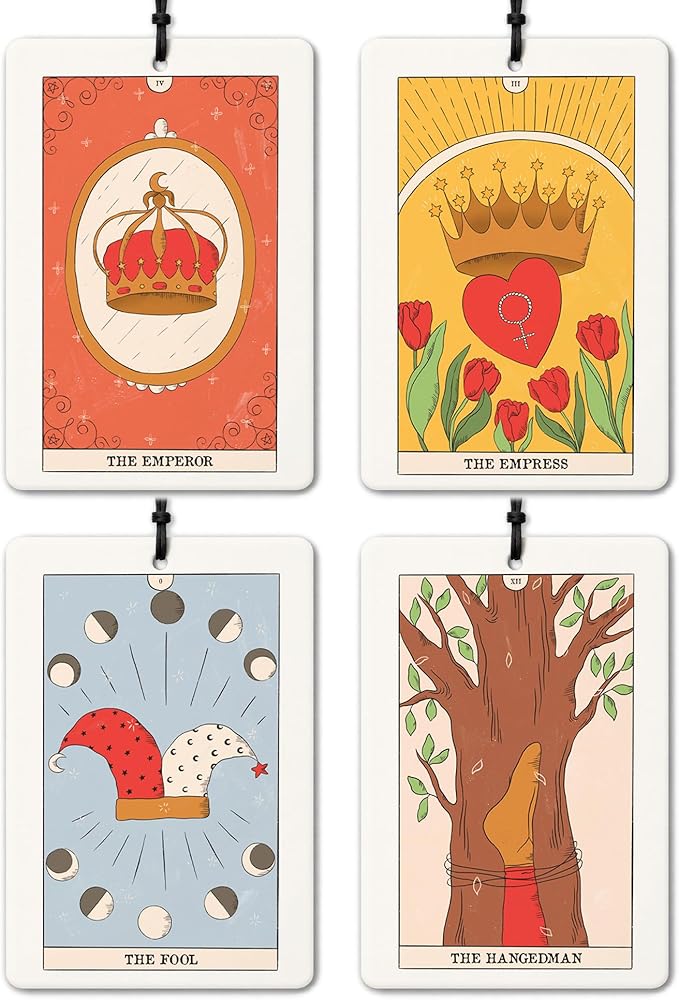 Vintage Boho Witchy Tarot Card Car Air Freshener 4 Pcs, THE EMPEROR EMPRESS FOOL HANGEDMAN Tarot Card Air Freshener Hanging for Cars Books Closet Drawer, Witchy Car Accessories for Women Men