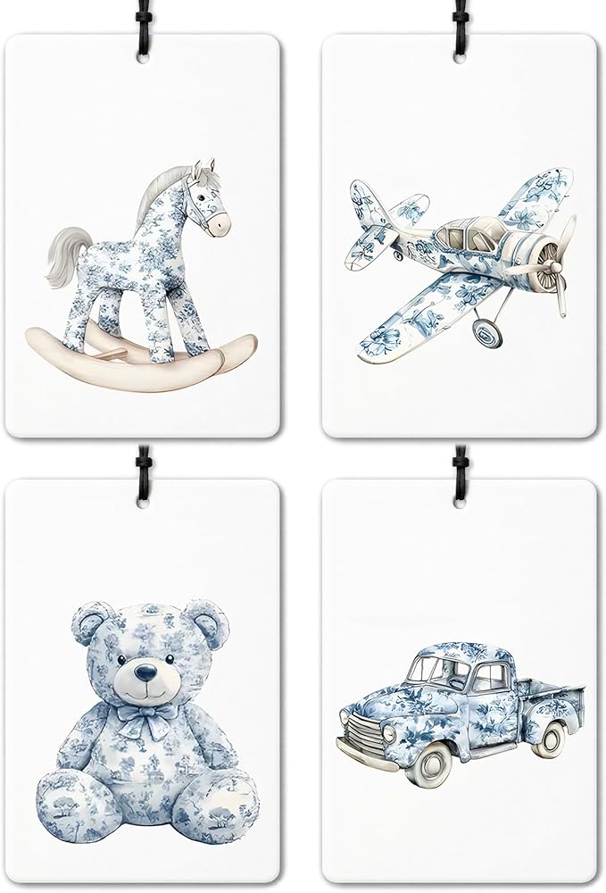Blue and White Chinoiserie Car Air Freshener 4 Pcs, Retro Rocking Horse Plane Bear Truck Air Freshener Hanging for Cars Books Closet Drawer, Cute Girly Car Accessories for Women