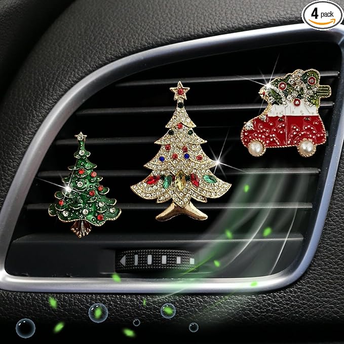 Set of 3 Bling Christmas Car Air Freshener Vent Clips, Crystal Rhinestone Sparkly Air Conditioning Outlet Decorative Clip Charms Cute Car Interior Accessories