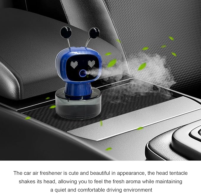 Smart Cute Robot Car Air Freshener, Fine Spray Car Aromatherapy Machine with Four-Gear Adjustment, Auto On/Off Mini Robot Fillable Essential Oil Diffuser for Vehicle Home Office (Ocean)
