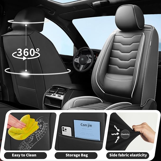 Fit Tucson Car Seat Covers Premium Leather for Hyundai Tucson 2010-2025 2026. Waterproof， Breathable, Scratch-Resistant & All-Weather Seat Cushion Protector (Front Seat, White Line Black)