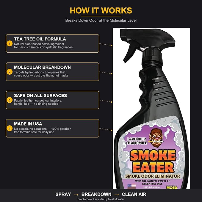 Smoke Eater Odor Eliminator Spray, Lavender, 22 oz — Breaks Down Smoke Odor at the Molecular Level — Works on Fabric, Cars, Furniture — Made in USA