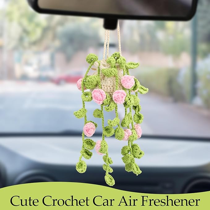 Cute Air Freshener for Car, Crochet Car Accessories Air Freshener, Cute Rear View Mirror Accessories, Handmade Crochet Plant for Cars, Pink Rose