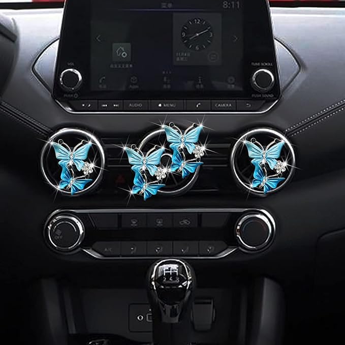 Air Fresheners Vent Clips for Women, 4 Pcs Cute Dual Butterfly Diamond Rhinestone Clip, Sparkly Interior Decor Bling Accessories (Blue)