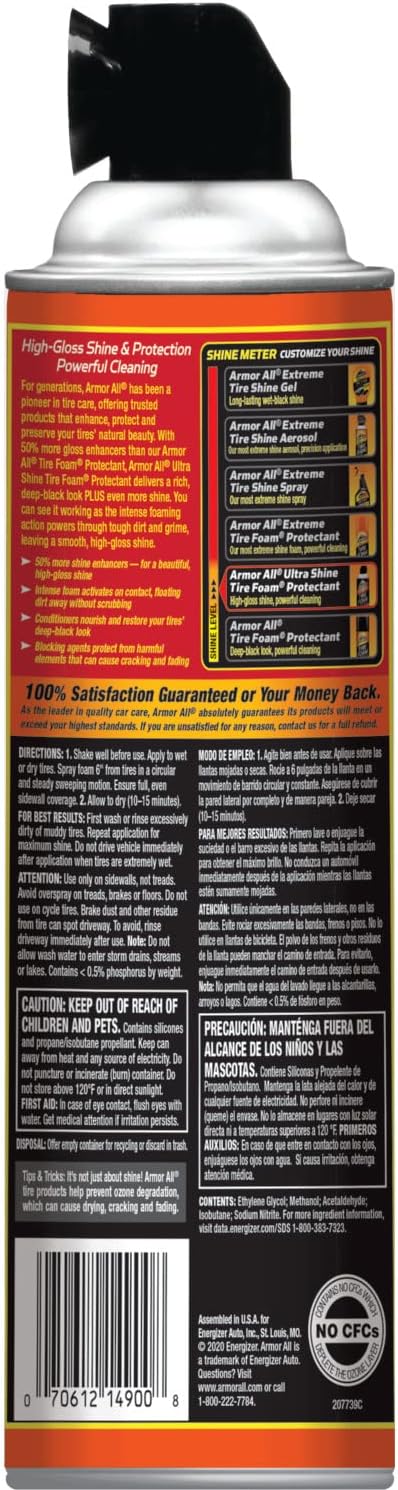 Armor All Ultra Shine Tire Foam Protectant, 18 oz Can, Car Tire Cleaner for Car Care Products