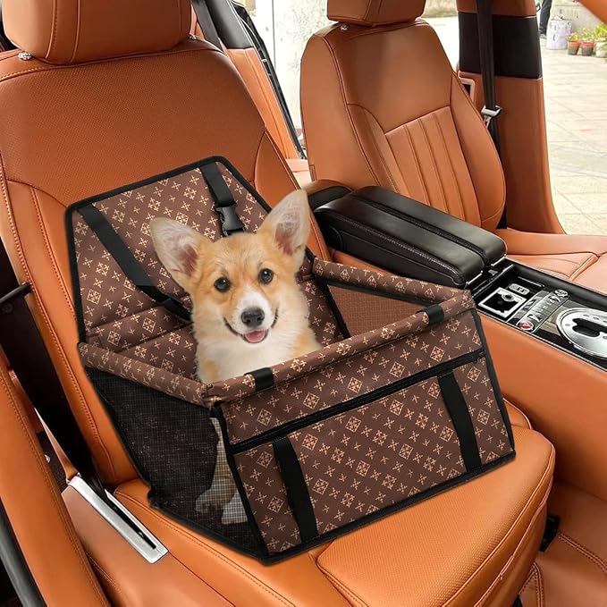 Dog Car Seat for Small Dogs Under 30 lbs - Easy to Clean, Dirt Resistant & Anti-Scratch Durable with Storage Pockets, Compatible with Dog seat Belt, Cold Pat Optional(Vintage Brown)