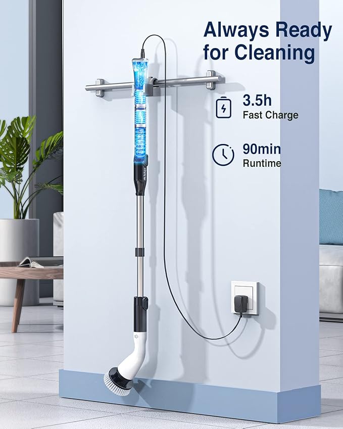 LABIGO Electric Spin Scrubber, Cordless Cleaning Brush Scrubber with 7 Replaceable Brush Heads and Adjustable Extension Handle, IPX7 Waterproof Power Cleaning Brush for Bathroom Tub Floor Tile Shower