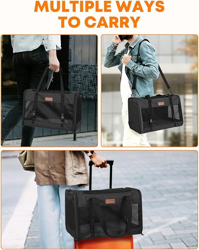 Large Cat Dog Carrier for Pet Up to 20 Lb - 20×13×13 in, Top & Side Entry, Foldable, Soft-Sided Pet Carrier with Ventilated Anti-Scratch Mesh & Car Seat Buckle for Car, Travel and Vet – Black