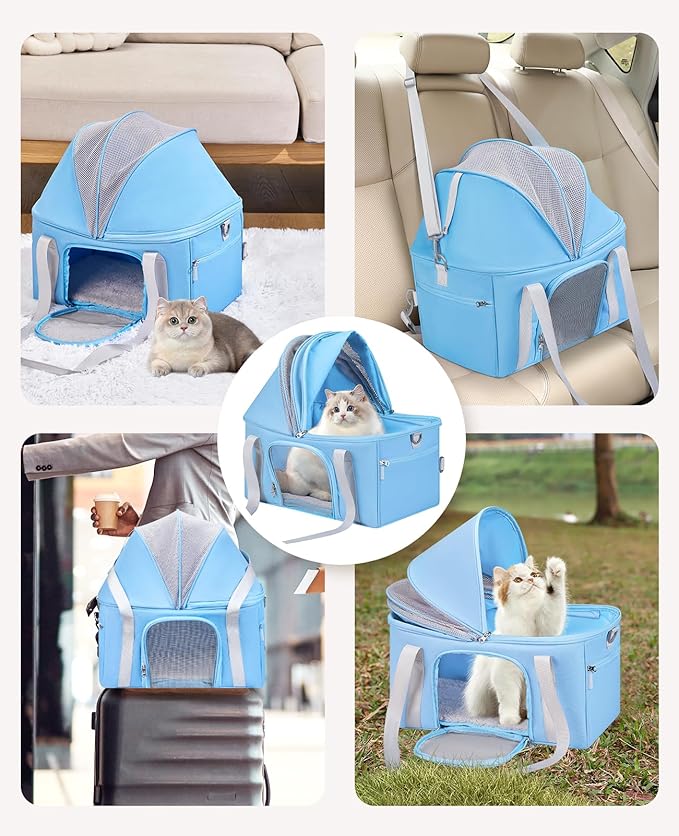 BurgeonNest Top-Expandable Large Cat Carrier, Soft Sided Cat Bag Carrier for Medium Large Pet Up to 15 lbs, Upgraded Small Dog Car Seat, Puppy Travel Bag with Semi-Open Canopy, Blue