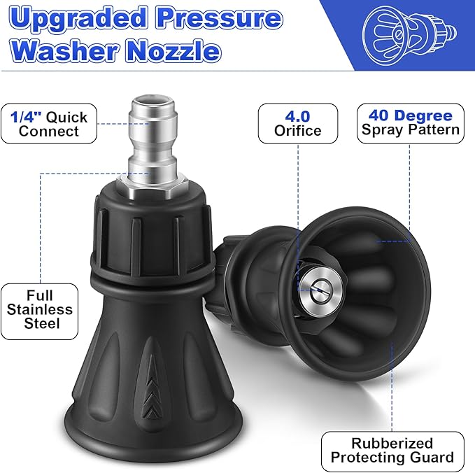 Dreyoo Pressure Washer Nozzle Guard, Durable Stainless Steel Power Washer Tips with Rubberized Protection, 1/4" Male Quick Connect, High Efficiency Cleaning(2 Pack,40 Degree with 4.0 Orifice)