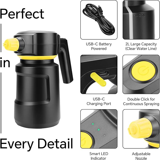 Electric Car Foam Sprayer 2L Cordless Foam Cannon Battery Powered Foam Gun Car Wash Sprayer 4500Mah USB C Rechargeable