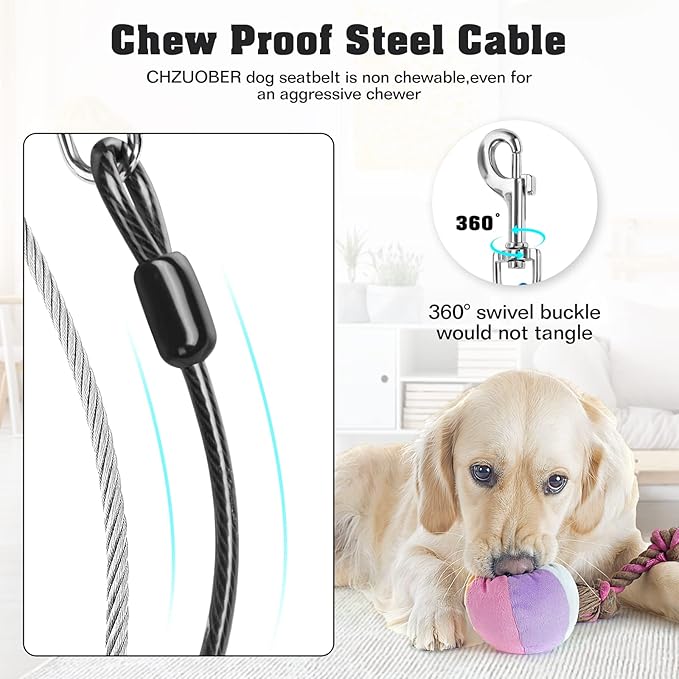 Chew Proof Dog Car Seat Belt, 2 in 1 Steel Cable Dog Car Accessories Headrest Restraint Doggie Car Seatbelt for Medium Large Dogs Chewer Heavy Duty Doggie Seatbelts for Cars Swivel Attach