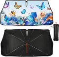 Butterfly Print Car Sunshade Umbrella Floral Windshield Sun Shade for Car Retractable Umbrella Sunshades for Front Window Butterflies Sun Shades Cover Visor Portector Block UV Rays