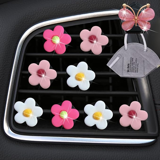 Cute Daisy Air Vent Clips 9 Pcs Flower Car Air Fresheners Vent Clips Charms Car Diffuser Vent Clip Car Decor Car Interior Decoration Cute Car Accessories for Women (White&Pink&Light Pink)