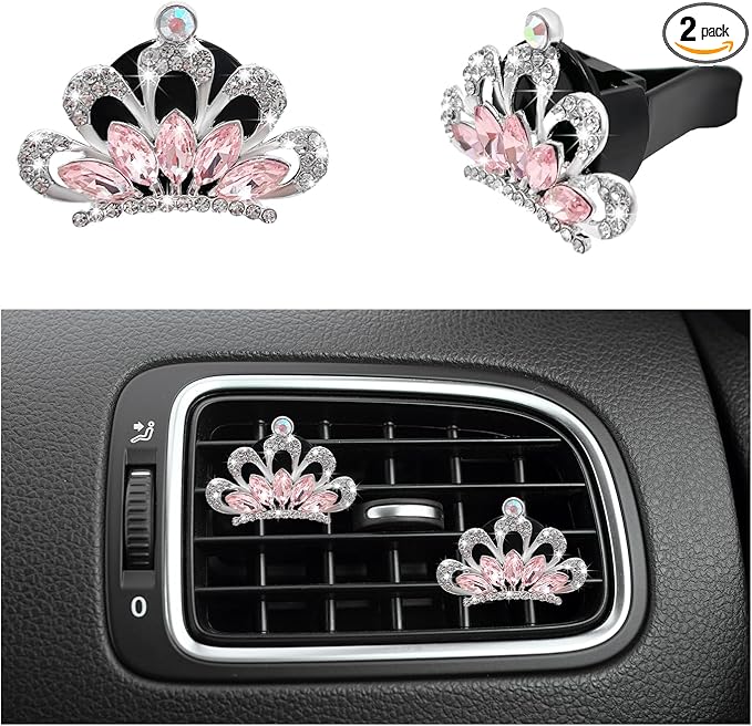 2 PCS Bling Car Air Vent Clips, Crystal Rhinestone Crown Vent Decorative Air Freshener Clips, Sparkly Diamond A/C Outlet Aroma Diffuser Clip for Vehicles, Car Accessories (Pink)