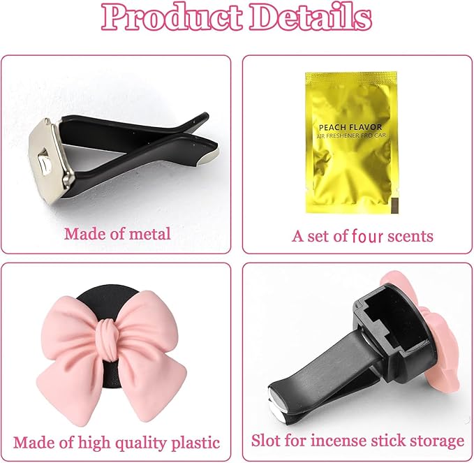 4PCS Bow Car Air Freshener Clips, Cute Girly Bow Car Air Vent Clip, Car Decor Accessories Interior Aesthetic Decorations Charm Stuff for Women Gir (Pink, 1.69in)