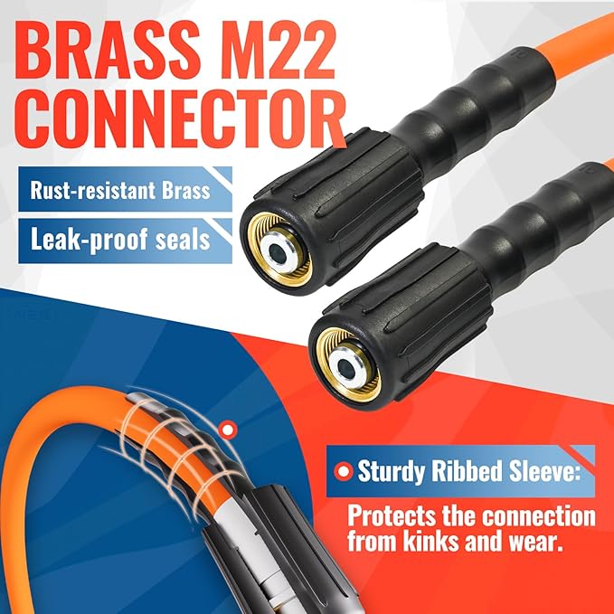 YAMATIC Pressure Washer Hose 25 FT, 1/4 Inch 3600 PSI Power Washer Hose M22, Flexible High Pressure Kink Resistant, Copper Connectors – Replacement Pressure Washing Hose for Car and Outdoor Cleaning