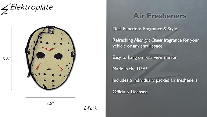 Elektroplate Officially Licensed Jason Friday the 13th Automotive Air Fresheners for Vehicles | Midnight Chiller Scent (6-Pack) | Made in the USA