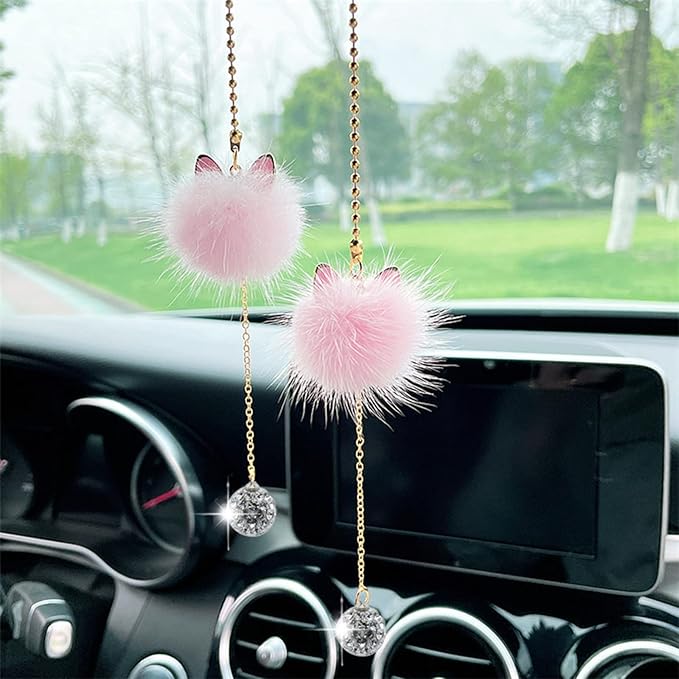 Car Mirror Hanging Accessories for Women, Car Air Fresheners Essential Oil Diffuser Pink Plush Ball with Bling Rhinestone Car Charm Cute Interior Decor (Pink)