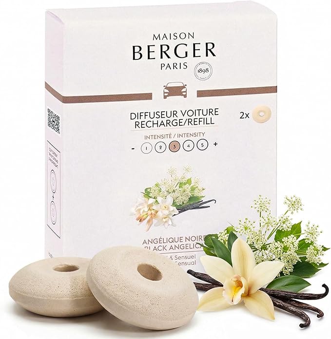 Maison Berger Luxury Car Diffuser Refill Set – Ceramic Inserts for Vent Clip Diffusers, 4-Week Passive Diffusion, Premium In-Car Fragrance Refill, Made in France (Black Angelica)