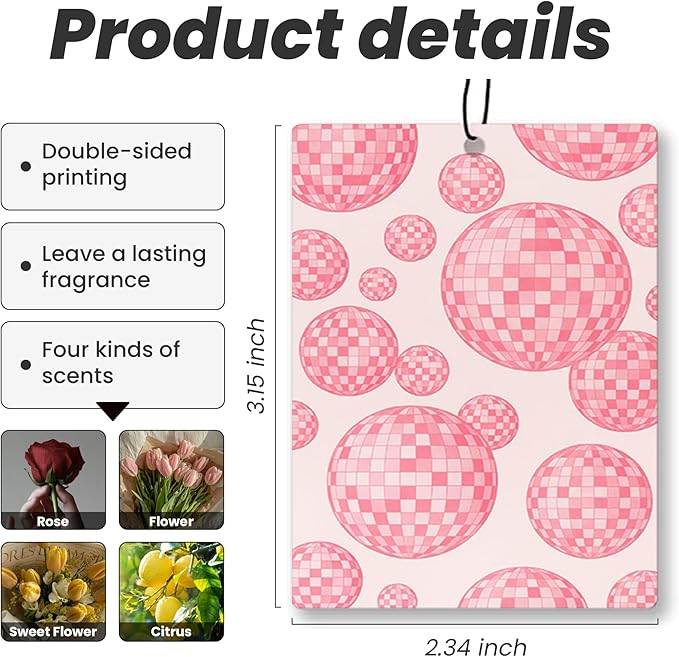 Trendy Pink Disco Strawberry Car Air Freshener 4 Pcs - Preppy Disco Strawberry Lucky 8 Ball Queen Card Hanging Air Freshener for Cars Closet Drawer Books, Girly Car Accessories Mirror Decor for Women