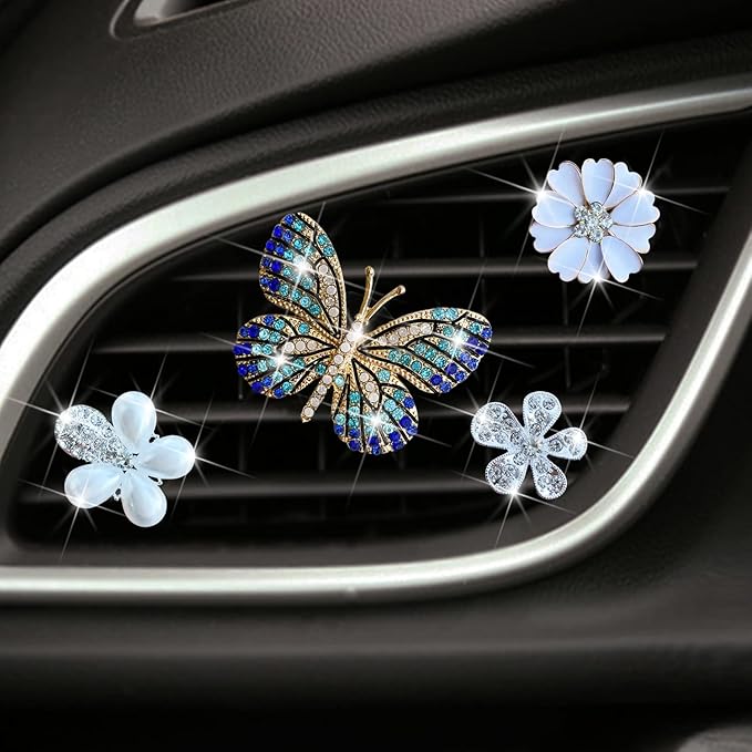 Bling Flower Air Vent Clips, 4 Pcs Blue Butterfly Car Air Fresheners Vent Clips Car Diffuser Diamond Car Decoration Car Interior Decor Daisy Cute Car Accessories for Women Girls
