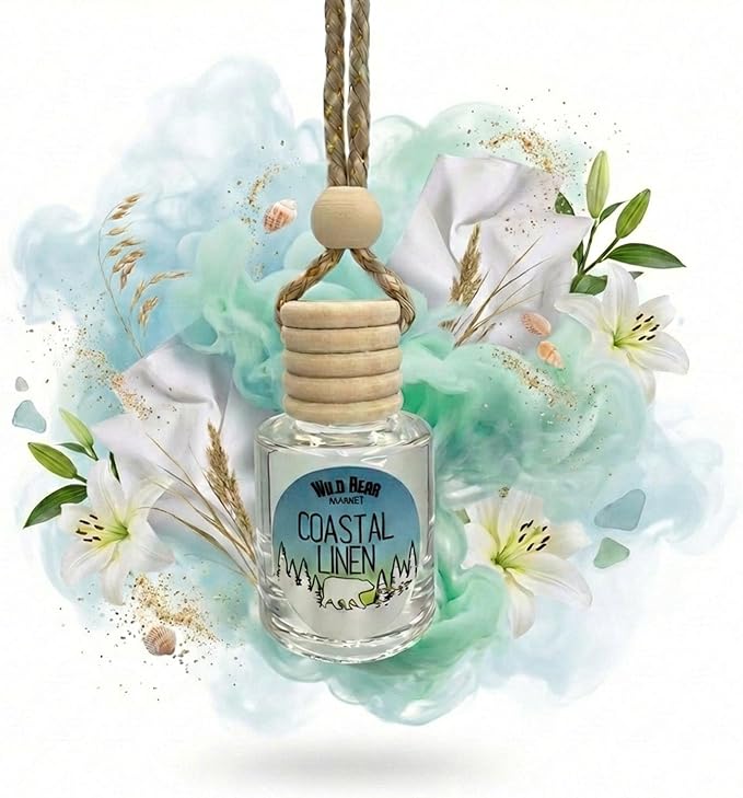 Coastal Linen Hanging Car Air Freshener Diffuser, Long Lasting Natural Fragrance Oil Car Freshener, Glass Bottle, Auto Air Deodorizer, Made in USA Toxin Free