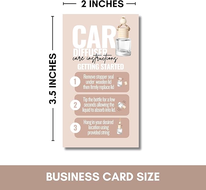 Car Diffuser Instruction Cards | Physical Printed 2" x 3.5" inches Business Card Size | Car Diffuser Supplies | Cute Modern Design (Tan)