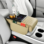 Car Armrest Pad with Built-in Induction Charging, Leather Center Console Cushion with 15W Power Pad, Dual Cup Holders, Storage Pockets - Beige