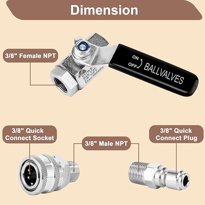 Ball Valve Pressure Washer, 3/8 Inch Quick Connect 5000 PSI, Shut Off Valve for High Pressure Washer Hose, Stainless Steel