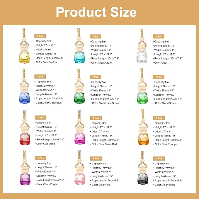 uxcell 12pcs Hanging Car Air Freshener Perfume Bottle, 8ml Pendant Empty Glass Essential Oil Aromatherapy Diffuser with Wooden Cap for Car Decor (Multicolor, Rhombus)
