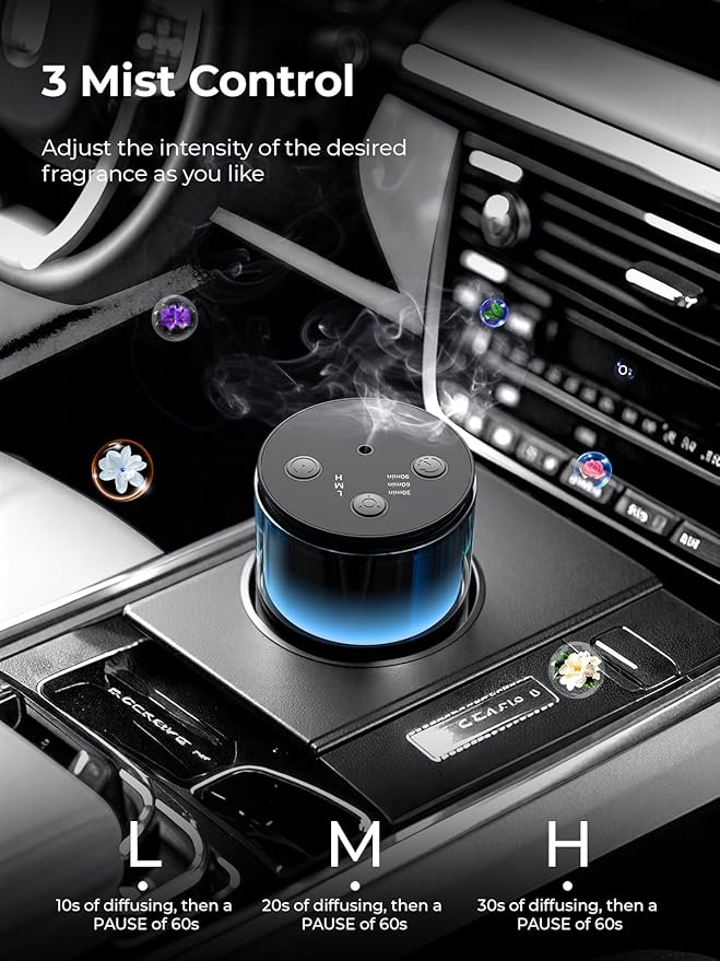 Waterless Diffuser for Essential Oil: Mini Battery Scent Diffuser for Room&Home&Car with 9 Colors LED Light - Aroma Cool Mist Machine Charcoal Black