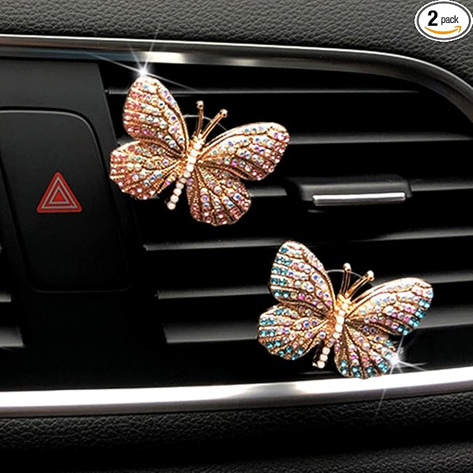 Bling Butterfly Car Air Vent Clip, Cute Rhinestone Air Freshener Clip, Glam SUV Outlet Vent Decorations, Charm Car Inter Decor Accessories for Girls Women (Blue + Purple)