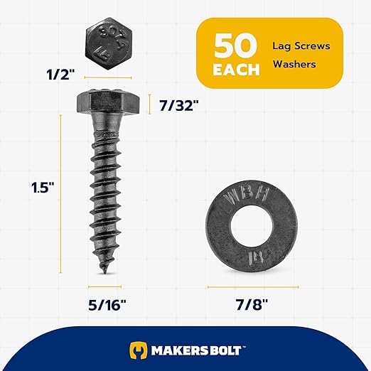 5/16 x 1-1/2 (50 Pack) Lag Screw Kit, 50 Screws and 50 Washers, Ceramic Black Ruspert Coating for Exterior Use, Meets ASTM A307 and ASME B18.2.1, Industrial/Commerical Grade by Makers Bolt